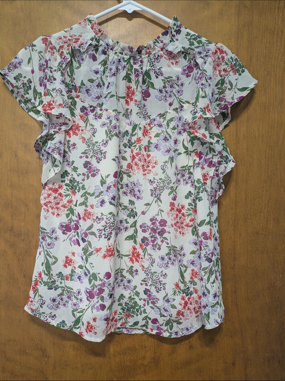 Romantic Floral Ruffle Sleeve Women’s Top - White with Pink & Purple Blooms